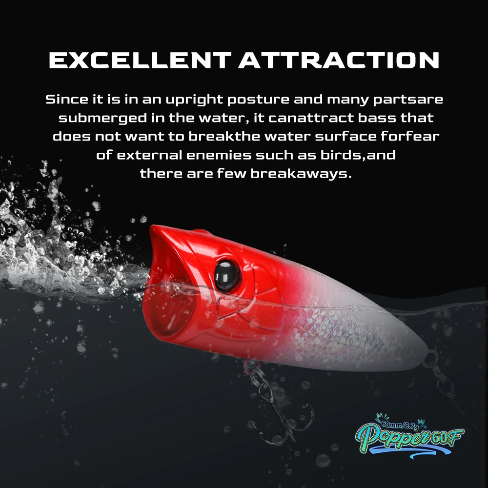 TSURINOYA Popper Fishing Lure 60F Topwater Floating Wobbler 60mm 8.7g RIPPLE Artificial Hard Bait for Pike Bass Surface Model
