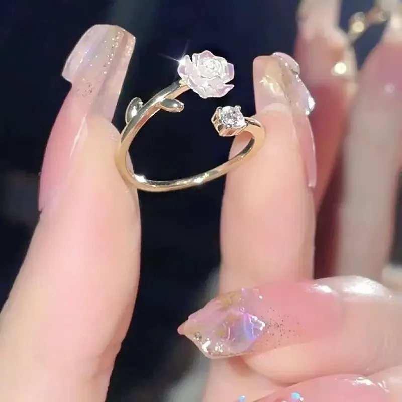 Anéis de abertura de flor de zircônia de luxo para mulheres zircônia cúbica rosa flor de cerejeira tulipa anel de dedo ajustável joias de casamento