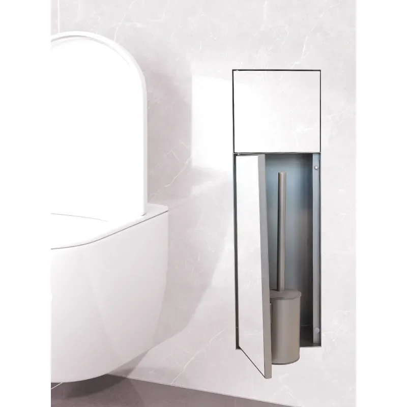 Recessed 304 Stainless Steel Toilet Brush Holder with Tissue Box Wall Mounted Bathroom Storage Niche for Tile Surface