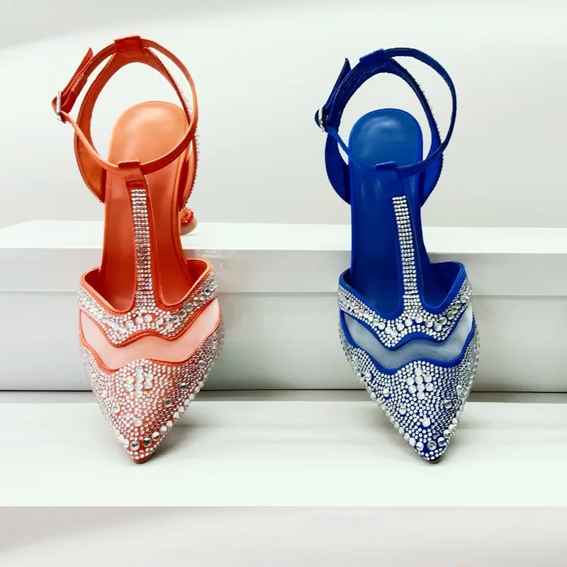 

Spring and summer new pointed bag head rhinestone mesh splicing shoes thin high-heeled banquet dress large size women's sandals