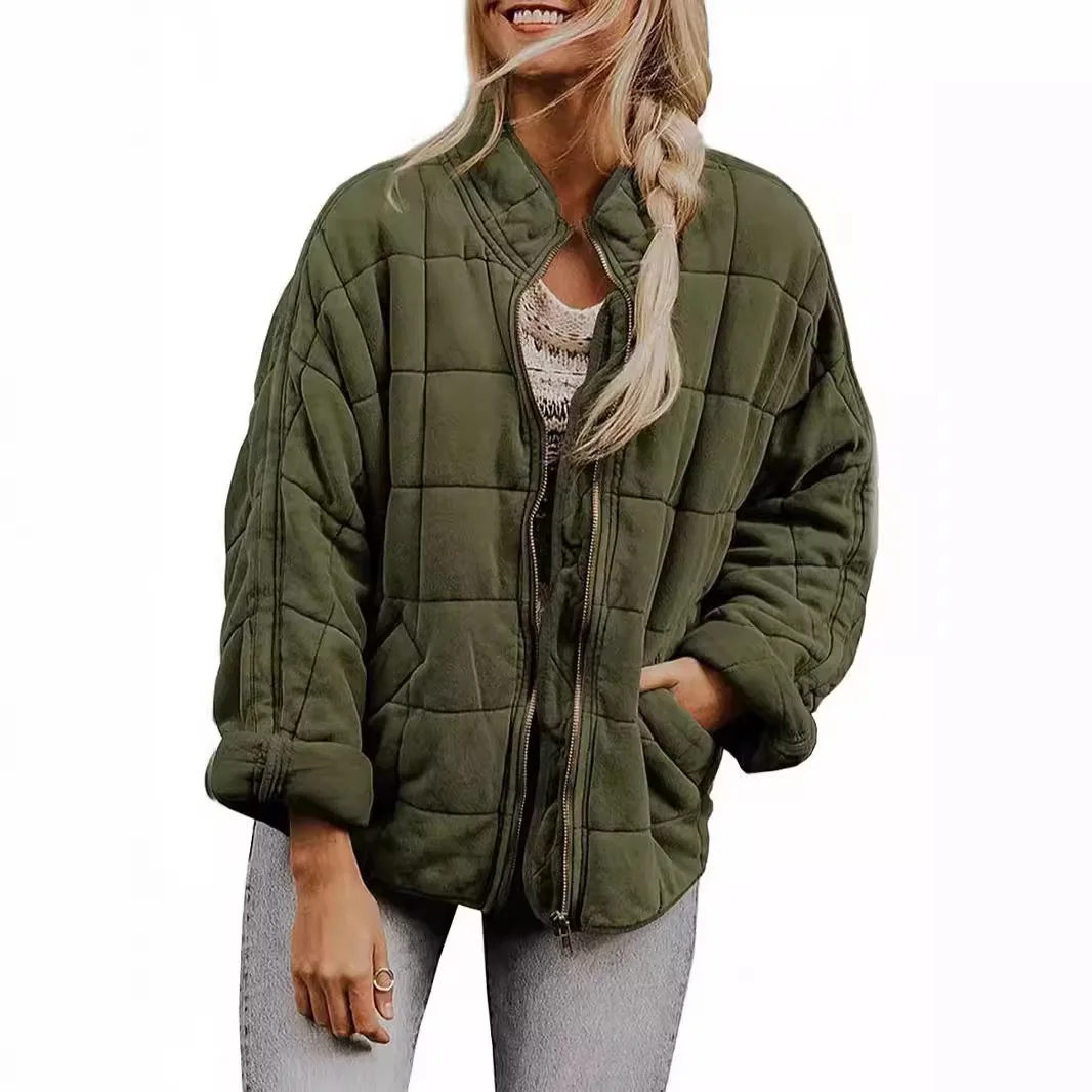 Solid Color Stand Up Collar Cotton Jacket 2025 Women's Loose Long Sleeved Pocket Jacket