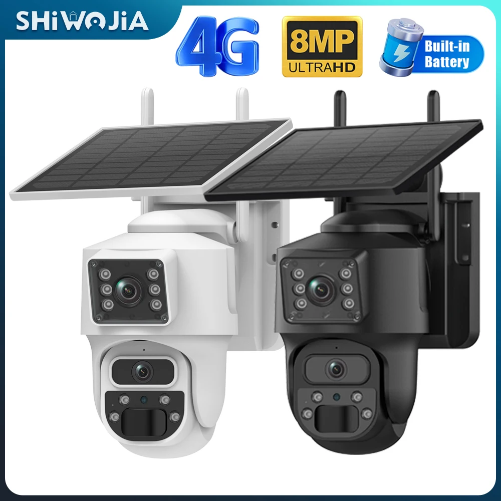 

SHIWOJIA 4G Sim Солнечная камера 4K 8MP Двойной объектив Безопасность Двойной экран Запись Автоматическое отслеживание человека Цветная камера ночного видения WiFi PTZ Cam