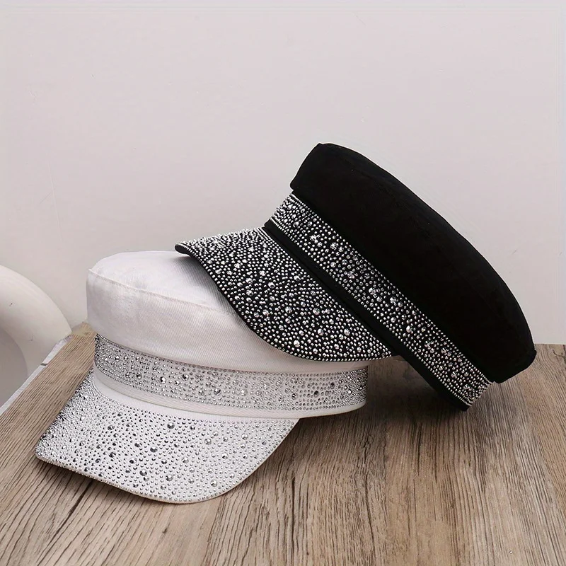 Breathable Lightweight Flat Top Peaked Cap with Shiny Rhinestone Decor Outdoor Travel Sunshade Hat All Match Casual Baseball Cap