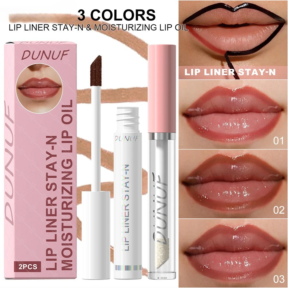 2 Pcs Peel Off Lip Liner and Lip Oil Set Long Lasting Moisturizing Non Transfer Lip Stain Waterproof Smudge Proof for Woman