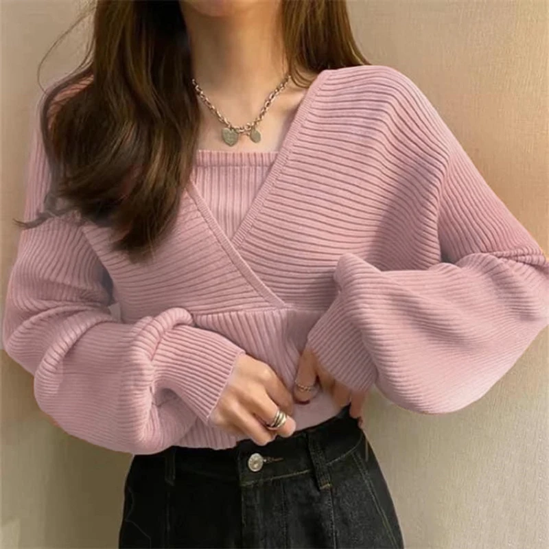 Autumn Korean Women Solid Color Fake Two Piece Long Sleeve Chic Knitted Sweater