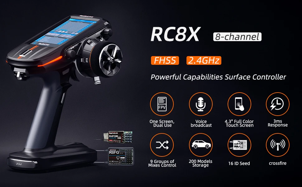 Radiolink RC8X 8-Kanal 2,4G RC-Sender mit R8FG V2.1 Gyro-Empfänger, Einhand-Steuerungszubehör und Telefonhalterung für FPV-Bildschirm – Detail 1