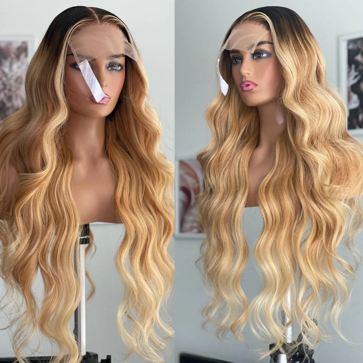 واقعية العسل شقراء الاصطناعية الدانتيل الباروكات مع جذور داكنة متنوعة موجة عميقة سهلة الصيانة ألياف سمراء شعر مستعار تأثيري #2