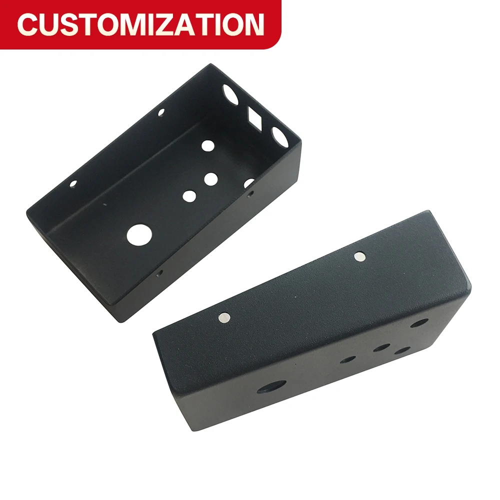 

Custom CNC machined black sheet metal brackets, metal stamping and bending parts, general equipment mounting brackets.