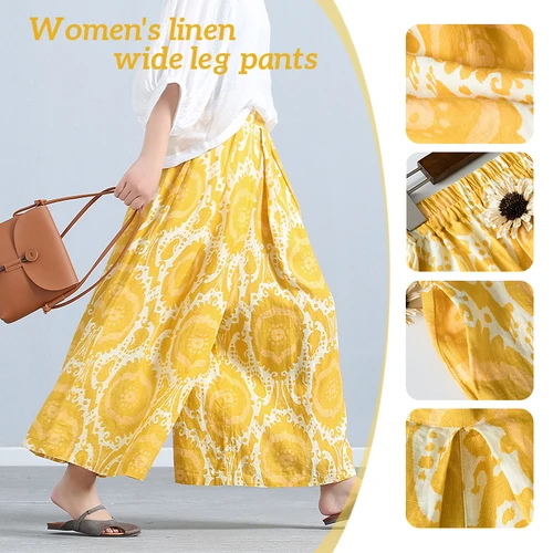 Pantalones de pierna ancha de lino sueltos artísticos amarillos para mujer con cintura elástica pantalones casuales de nueve puntos pantalones de falda que combinan con todo