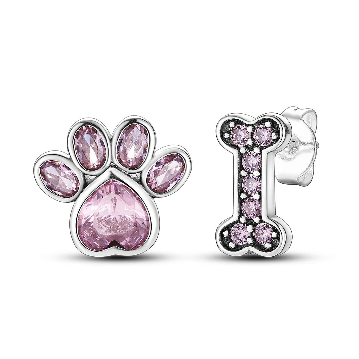 925 Sterling Silver Paw Print and Bone Stud Earrings for Women Cute Animal Pet Lover Pink CZ Jewelry Gift