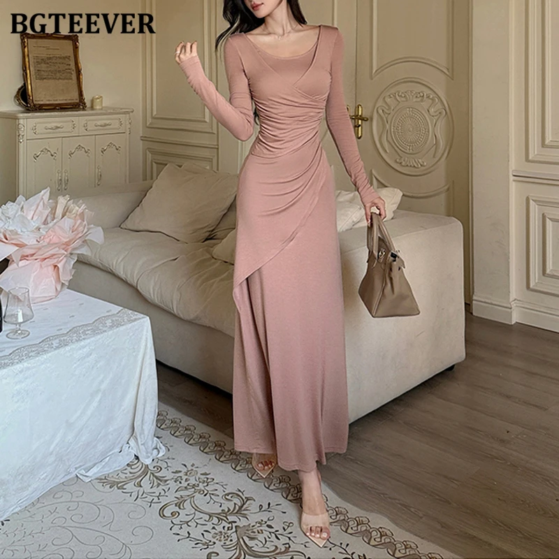 

BGTEEVER осень-зима стильное женское облегающее платье с круглым вырезом и тонкой талией на бедрах элегантное женское облегающее платье с длинными рукавами