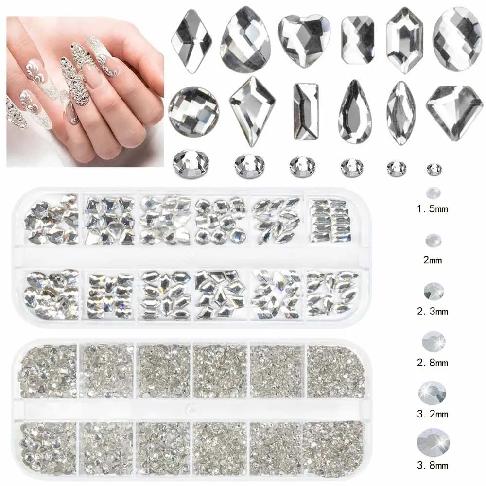 24Grids 2 Dozen 3D Gemengde Doorschijnende Kleurrijke Nail Art Steentjes Hart/Drop/Ronde Nagel Kristal Sparkle AB Diamant nagel Zirkoon
