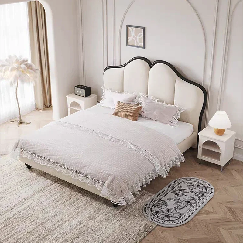 

Design Confortable Bed Cream French Apartment Double Fashionable Bed Minimalist Wedding Wood Cama De Casal Bedroom Furniture