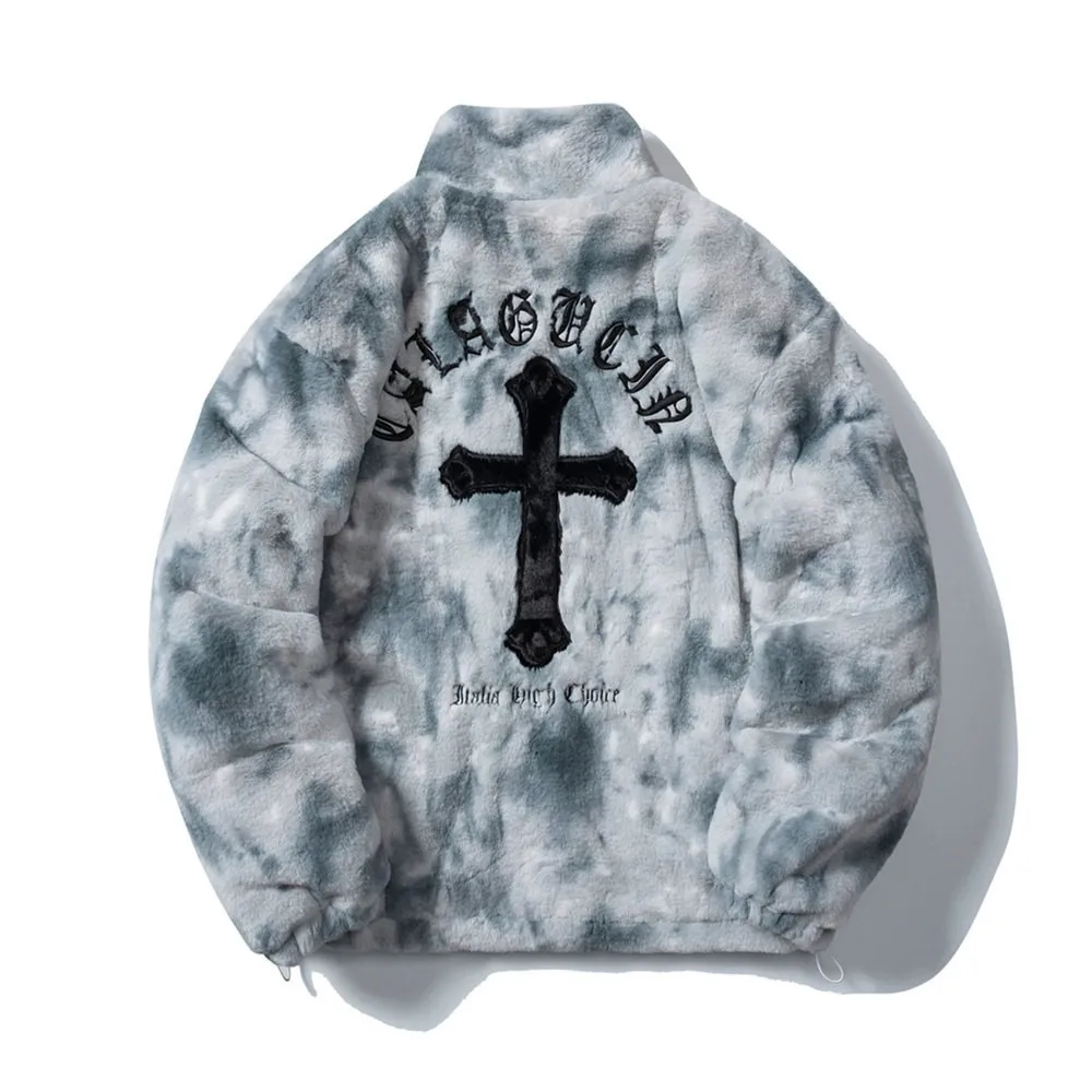 

Трендовая парная плюшевая куртка с принтом тай-дай, женское и мужское зимнее пальто, американская уличная одежда, стеганое пальто с вышивкой из искусственного меха и буквами