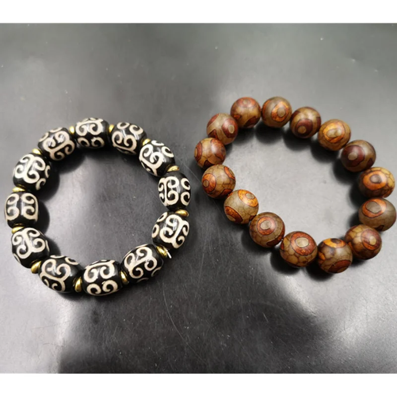 14mm Retro Distressed Three-Eye Dzi Ball Return Agate Bead Bracelet