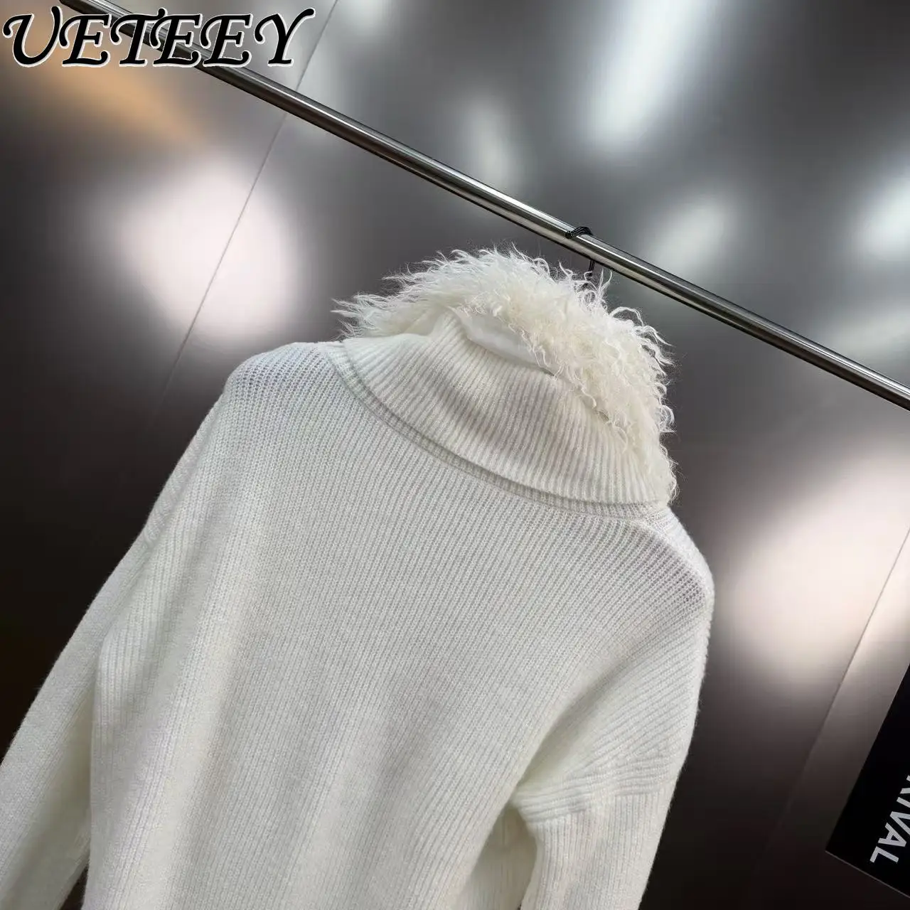 2026 primavera estilo francês socialite com decote em v cruz gola de pele grande camisola manga longa cintura-emagrecimento retalhos malha topo