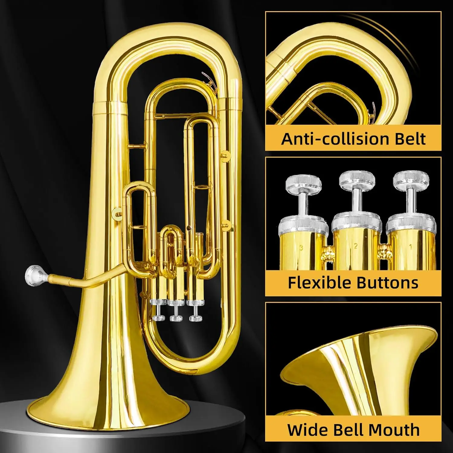 Instrumen kuningan Euphonium dengan wadah, corong, kain, dan sarung tangan-Model kinerja pita kuningan standar