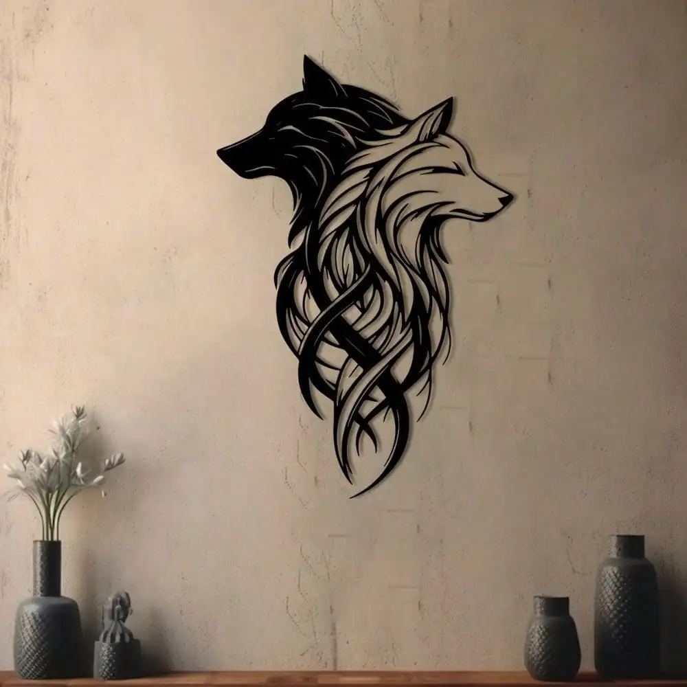 CIFbuy 2D Flat Double Wolf Head Metal Wall Art, Black White Iron Outdoor Decor, Modern Farmhouse Hanging Ornament for Home