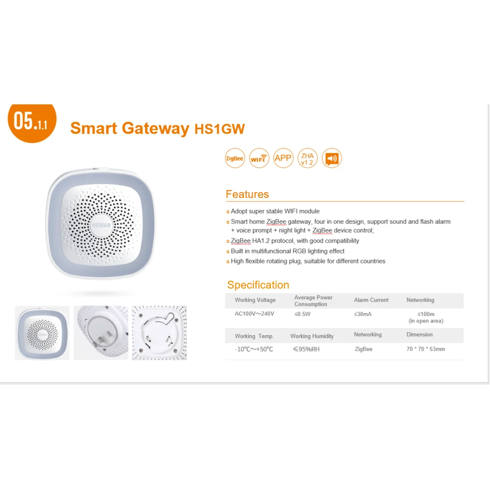 Zigbee3.0 Gateway Smart Wifi Home Alarm Zigbee Hub With Night Light And Built in Buzzer Compatible With Multi Detectors