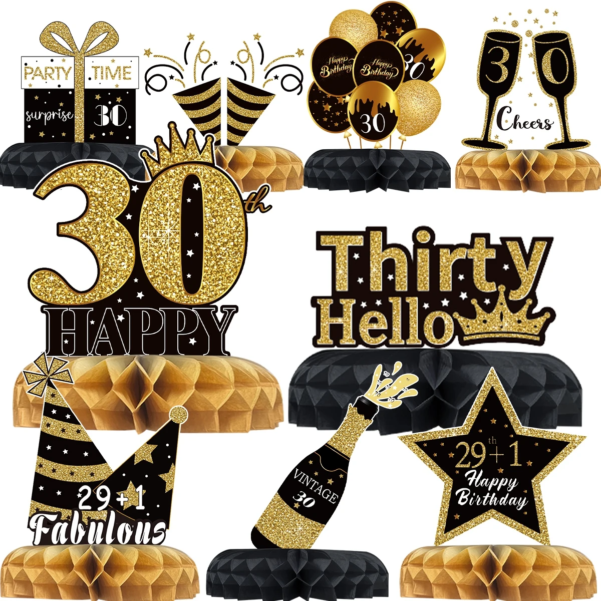 Black Gold Birthday Honeycomb Set Happy 30th 40th 50th Birthday Party Decor Adult 30 40 50 Year Old Birthday Party Supplies