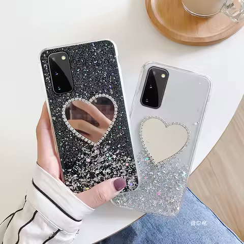 Starry Transparent Case For Samsung S23 Plus S22 Ultra S21 S20 FE S10 S9 S8 Note 20 10 Lite Glitter Heart Mirror Cover