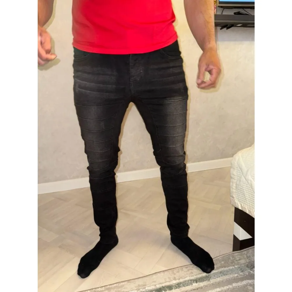 

Distressed Denim Pant Men Jeans Ripped Mid Waist Slim Fit Casual Wash Solid Punk Style Skinny Pencil Pants Ankle Length autumn