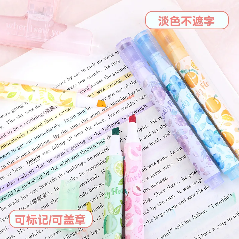 6pcs Kawaii Fragrance Highlighter Fruit Shape Stamp Marker Pens Art Graffiti Drawing Markers Stationery School Office Supplies