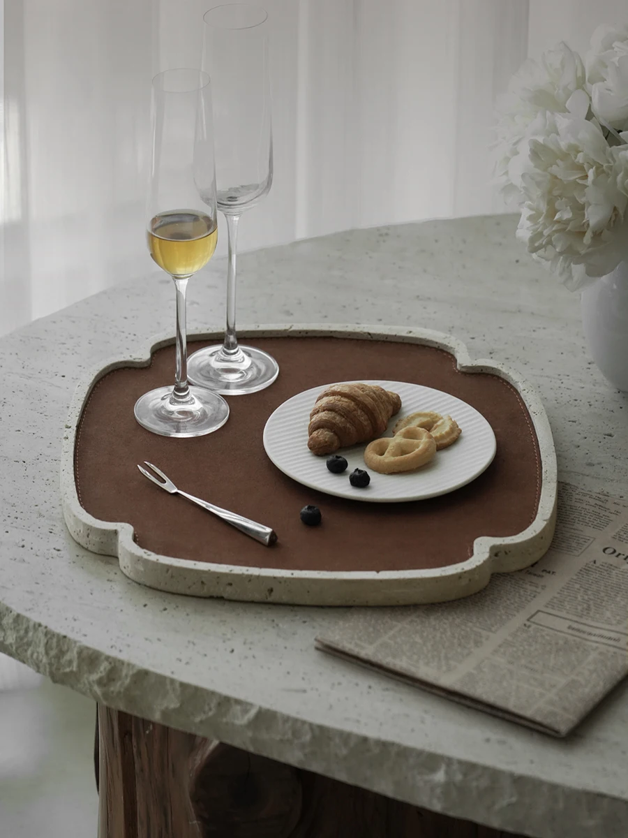 Travertine Decorative Tray for Jewelry Trinket Versatile Serving Tray for Coffee Table Dresser Home Decor