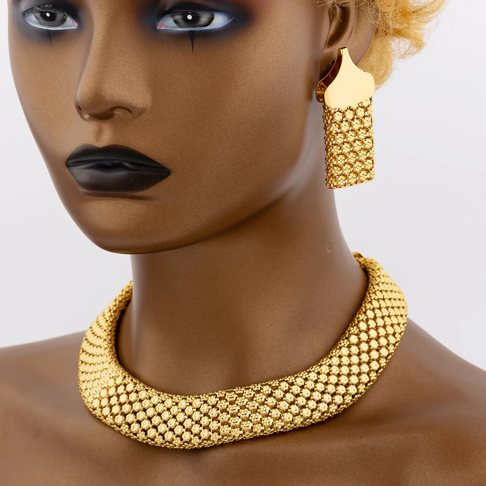 Jewelry Set for Women Chunky Necklace Earrings Dubai Gold Plated Bracelet African Fashion 3Pcs Jewelry for Punk Party Wedding