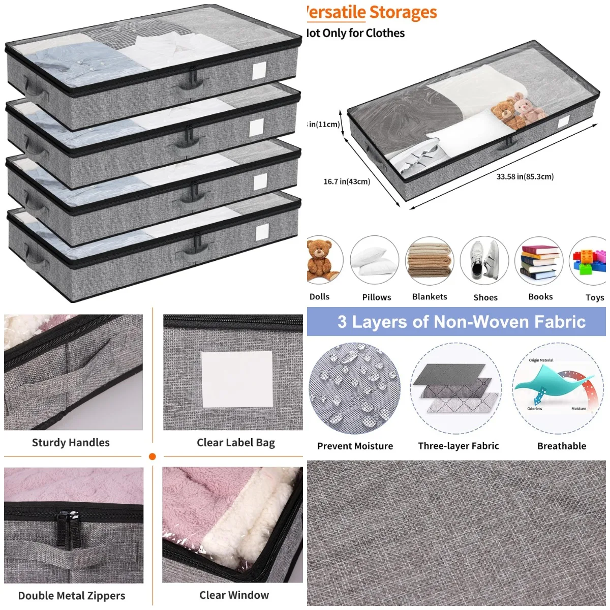 

4 Pack Low Profile Underbed Storage Containers, 4.5' High, Sturdy Bins for Clothes & Organizing