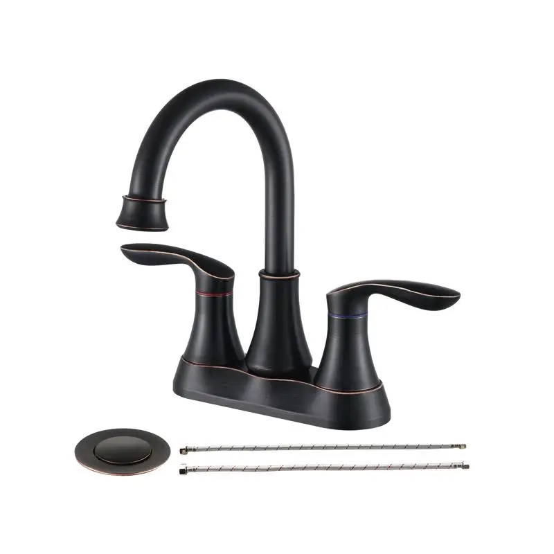 

4-Inch Oil Rubbed Bronze Dual Handle Bathroom Faucet with Pop-Up Drain and Supply Hoses for Vanity Sink