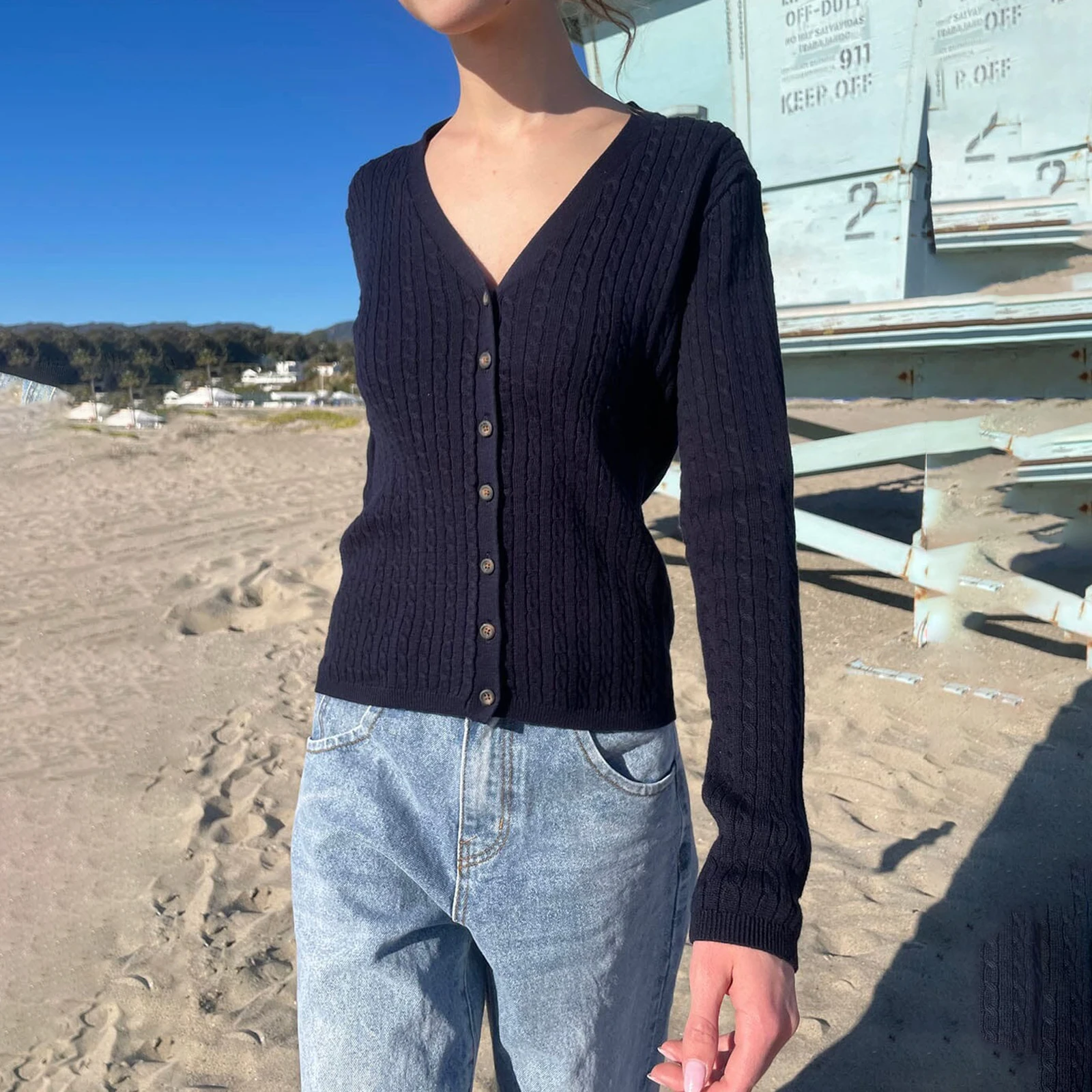 

New Fashion Cable Knit Cardigan For Women Fashionable Solid Color Long Sleeve Slim Fit Button Down Sweater Hot Sale S M L