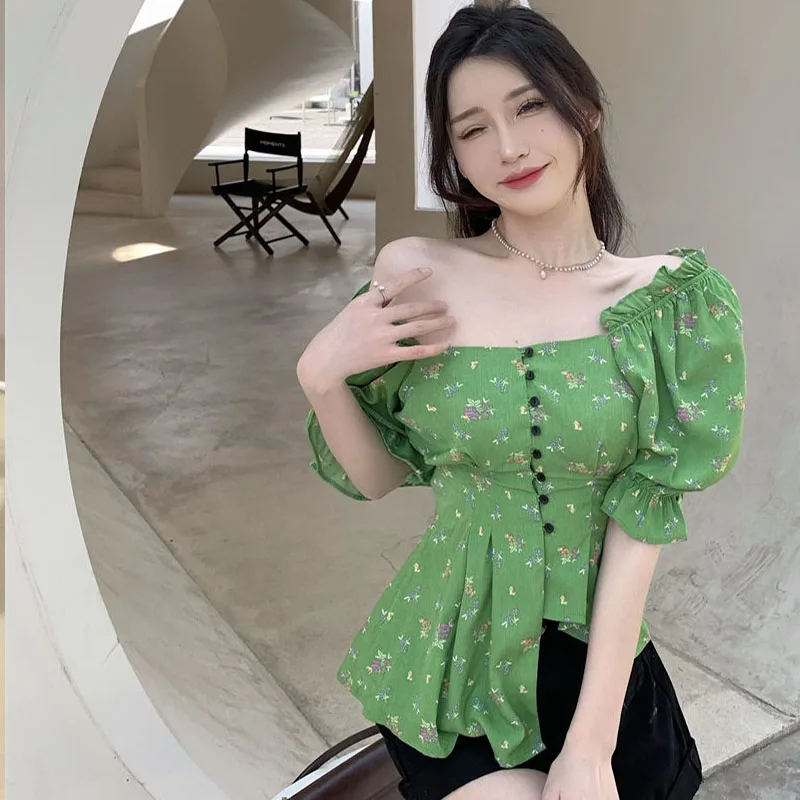 French Temperament Elegant Irregular Tops Summer Fashion Chic Square Collar Puff Sleeve Slim Short Sleeve Women Blouse