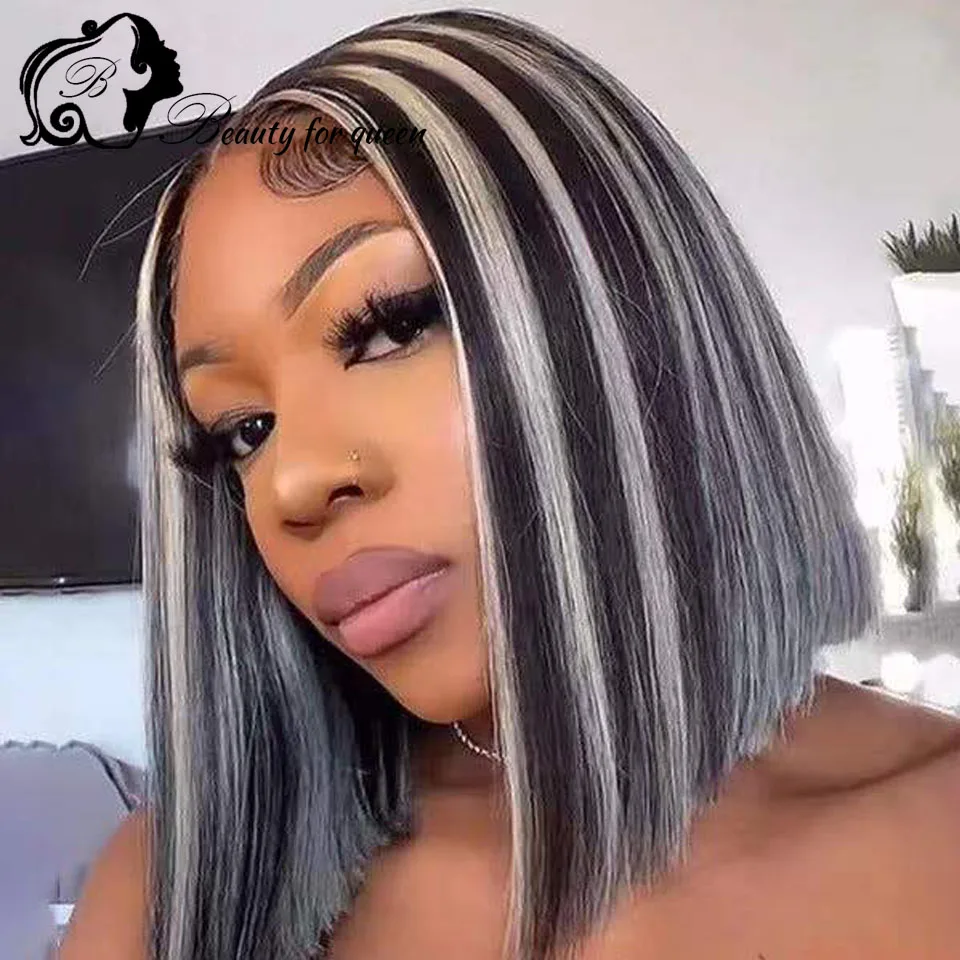Dark Black And White Short Straight Hair Ready To Wear 180% Density Glueless Human Hair Wig  Women Beauty High Quality Top Sale view 3