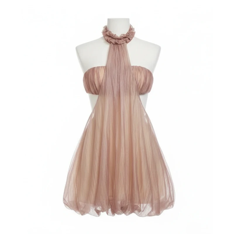 REDDACHiC Bandeau-stijl Bubble-jurk Vakantie Zomer Getextureerde off-shoulder sla-trim Halter Mini-jurk Feest Dameskleding