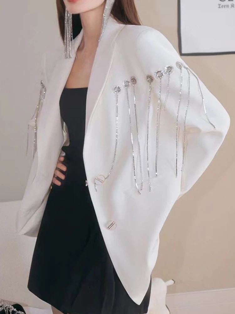 Yermora strass borla elegante blazer para mulheres lapela manga longa solto ajuste jaqueta moda maré primavera outono 2024 novo a70