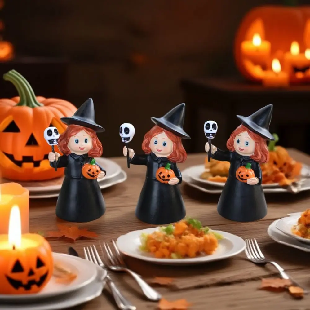 

3Pcs Cute Halloween Witch Statue Cartoon Craft Resin Girl Figurines Durable with Skull Pumpkin Halloween Witch Ornament