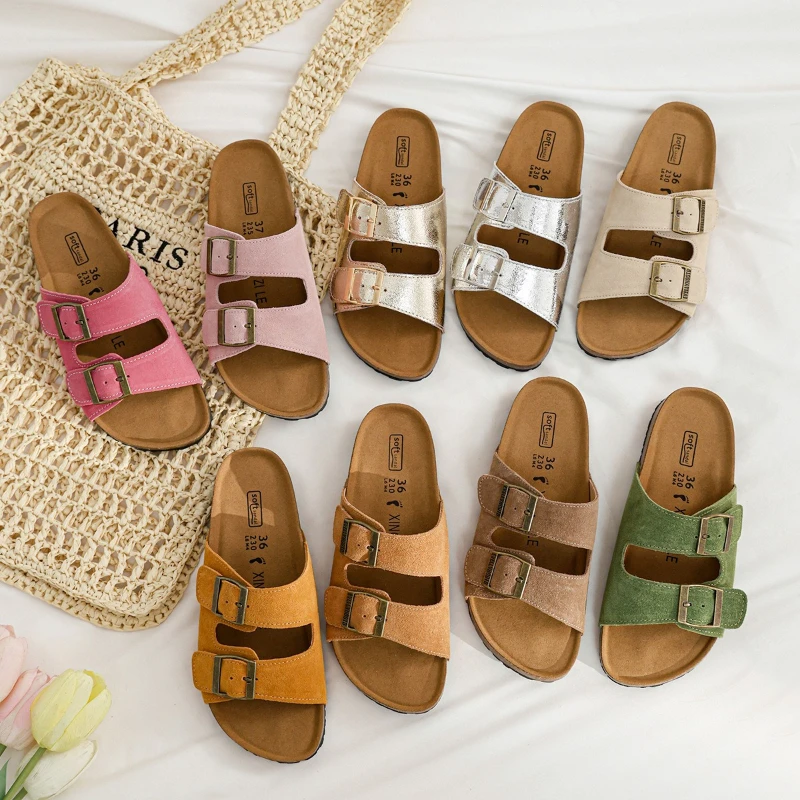 2026 Leather slippers with cowhide and leather, women's double button anti slip beach shoes, summer outdoor flat slippers