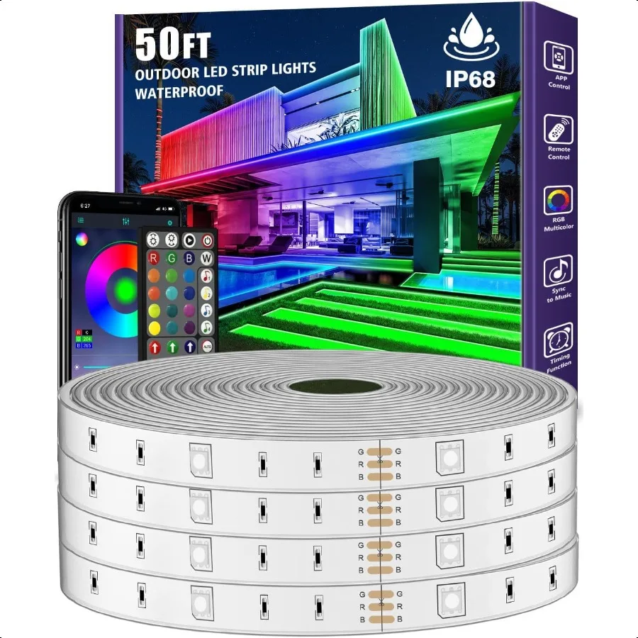 

50ft Outdoor LED Strip Lights WaterproofMusic Sync RGB IP68 Outside Led Light Strips Waterproof with App and Remote Exterior Le