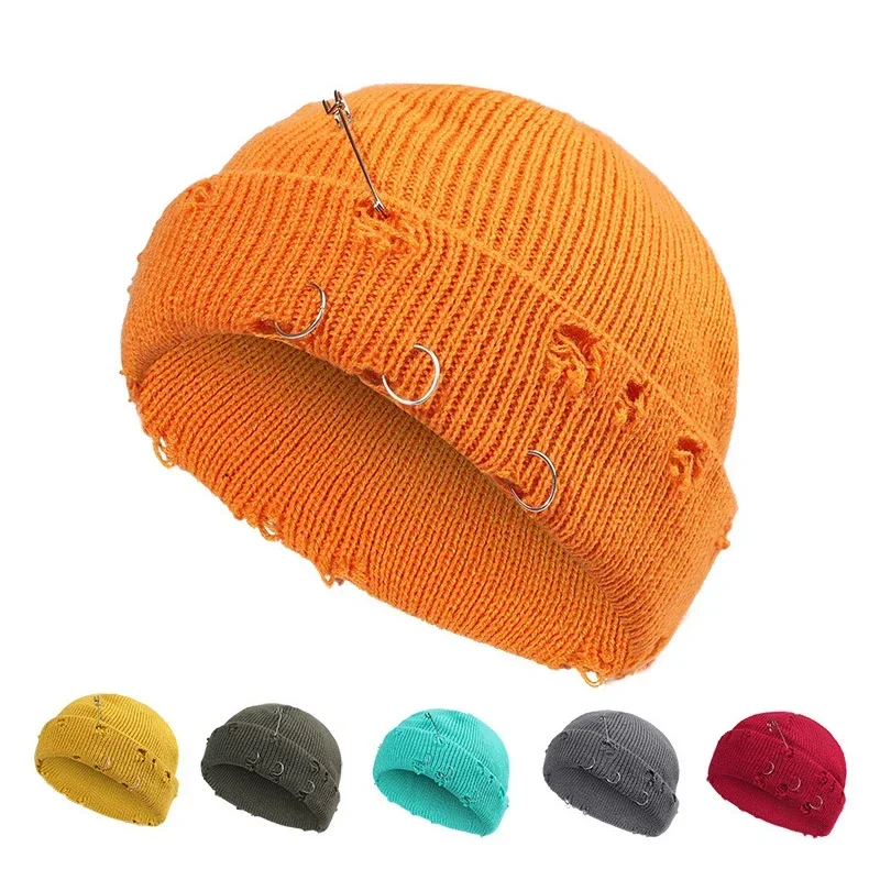 9 Colors Winter Autumn Knitted Short Beanies for Women Men Winter Caps with Metal Hoops Pins Y2K Cool Hip-hop Hats Skullcap