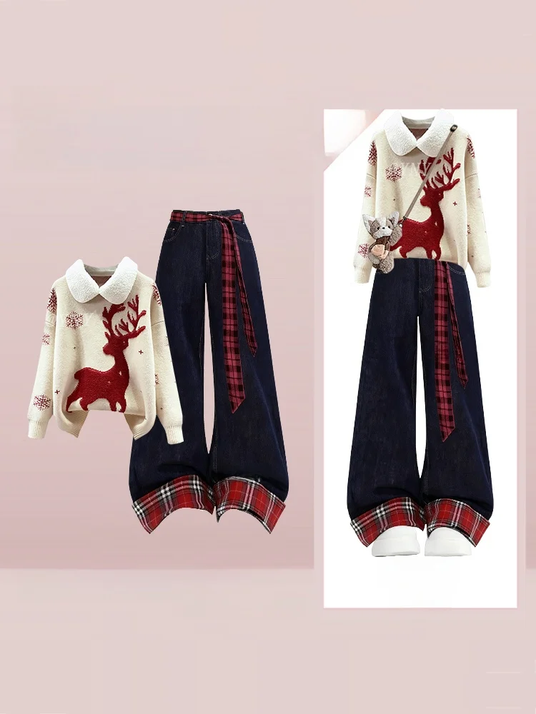 

Cisas, свитер с узором оленя и клетчатые джинсовые брюки, комплект из двух предметов для женщин, зимний модный наряд, длинный трикотаж свека