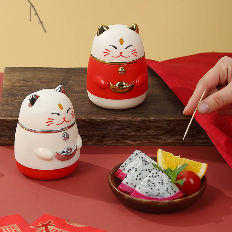 Fortune Cat Press Type Toothpick Holder Living Room High Color Value Automatic Pop-up Toothpick Box Cartoon Toothpick Jar