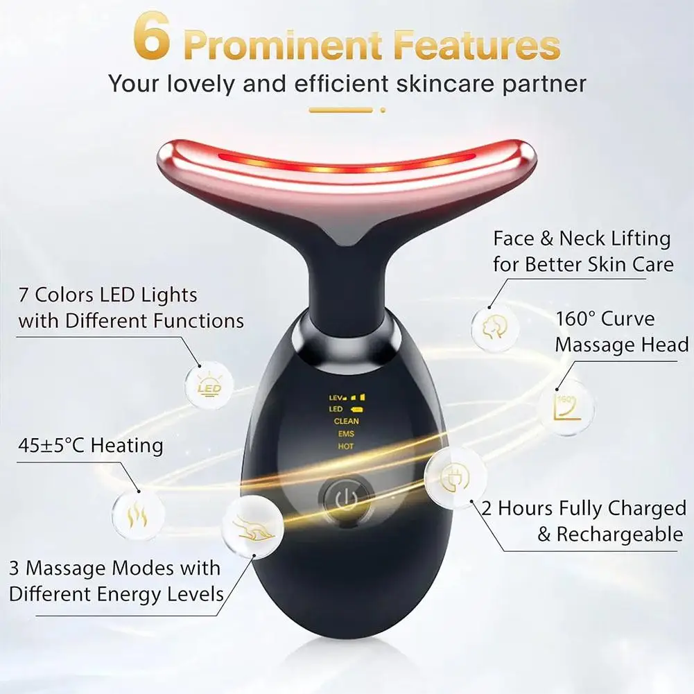 Neck Face Lifting 7 Color LED Photon Therapy Heating Microcurrent EMS Vibration V Line Chin Facial Slimmer Anti Wrinkle Massager