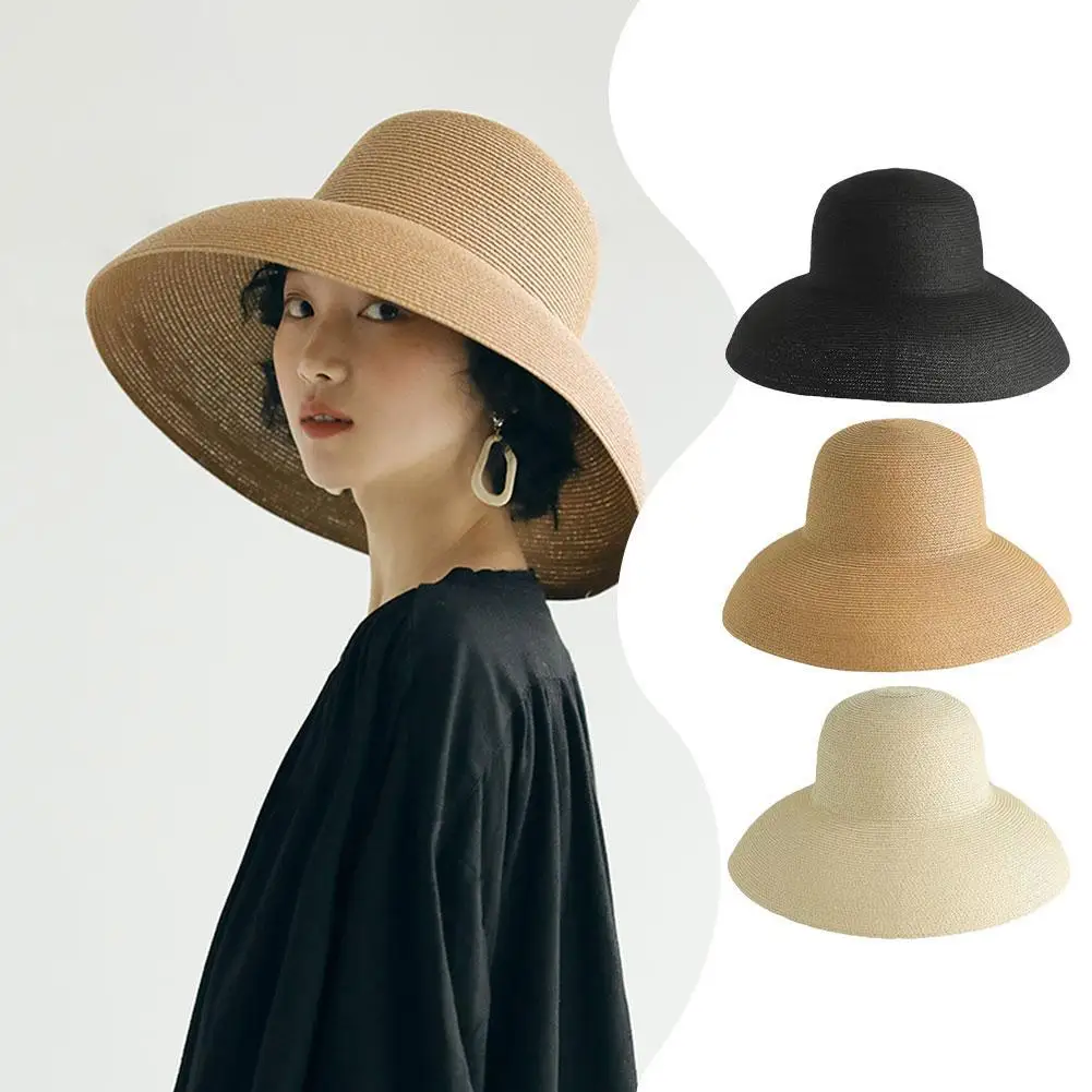 Summer Sun Hats Retro Sun Protection Wide Brimmed Fisherman Elegant Straw Hat Top Color Floppy Beach Hat Solid Round Women