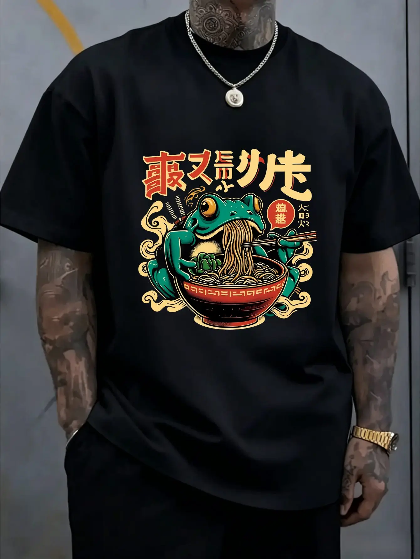 Vintage Frog Eating Noodles Art Print Mens Short Sleeve Tee Crew Neck Japanese Food Cartoon Casual Outdoor Daily Comfort Top