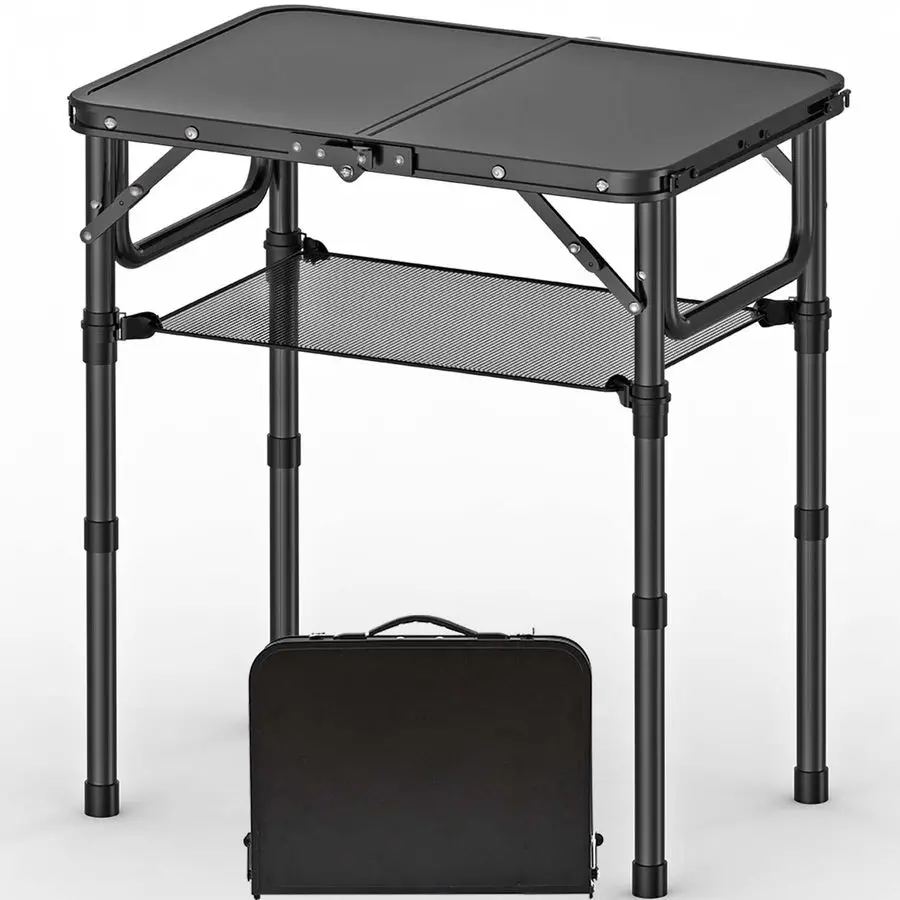 

Folding Picnic Table with Storage Net, Matte Black Aluminum Folding Table 23.6 x 15.8, Adjustable Height Max 27.5, Lightweight