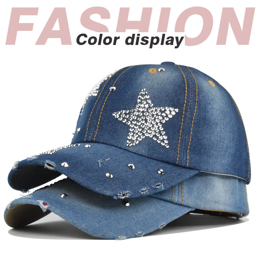 

Vintage Washed Distressed Hats Five-Pointed Star Rhinestone Hat JESUE Denim Dad Hats Couple Sunshade Baseball Cap