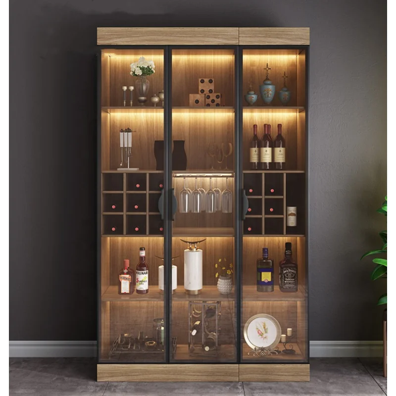 custom，High-end Red Wine Display Shelf Alcohol Showcase with LED Light Wine Shop Furniture Wooden Wine Display Cabinet