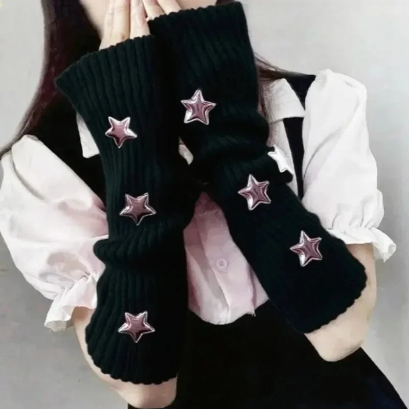 ถุงมือยาวแบบไม่มีนิ้ว สไตล์ Y2K ปลอกแขนถักไหมพรม ปลอกแขนกันหนาว สีดำ สีขาว ถุงมือครึ่งนิ้ว