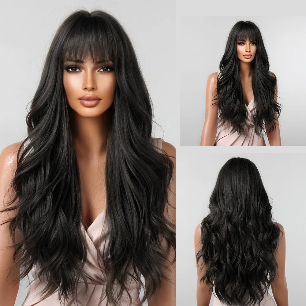 Long Body Wave Synthetic Wigs with Bangs Black Natural Loose Curly Wavy Wig for White Women Heat Resistant Daily Cosplay Party